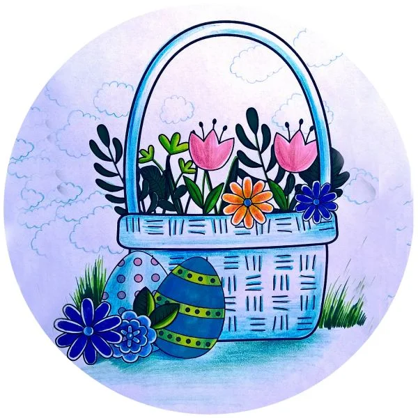 Цветной пример раскраски цветы в корзинке и праздничные яйца
