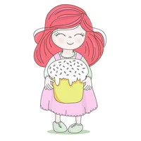 Цветной вариант раскраски девочка с пасхальным куличом