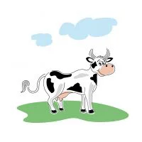 Цветной вариант раскраски корова на траве под облаками