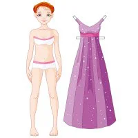 Цветной вариант раскраски бумажная кукла для вырезания настя с одеждой: длинное платье