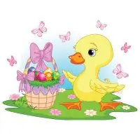 Цветной вариант раскраски милый пасхальный утенок и корзинка с яичками
