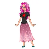 Цветной вариант раскраски бумажная кукла для вырезания миа в туфлях и с одеждой: юбка и топ