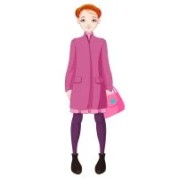 Цветной пример раскраски бумажная кукла для вырезания настя с теплой одеждой на осень или весну, сумка