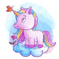 Цветной вариант раскраски милый единорог с бабочкой