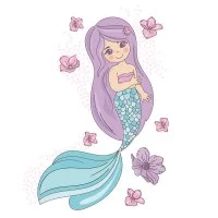 Цветной вариант раскраски русалка с красивым хвостом и в цветах