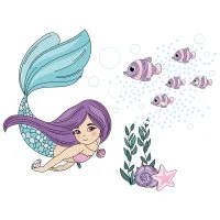 Цветной вариант раскраски русалка с рыбами под водой