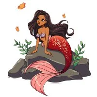 Цветной вариант раскраски русалка с красивыми волосами сидит на камне