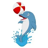 Цветной вариант раскраски дельфин в воде с мячом