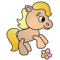 Цветной вариант раскраски лошадка и цветочек