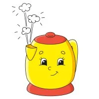 Цветной вариант раскраски закипающий чайник с глазками