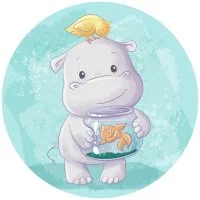 Цветной вариант раскраски милый гиппопотам с рыбкой и птичкой