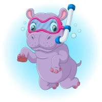 Цветной пример раскраски бегемотик под водой в маске с трубкой