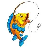 Цветной пример раскраски рыба с удочкой на рыбалке