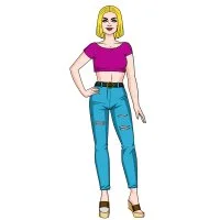 Цветной вариант раскраски бумажная кукла для вырезания жасмин с одеждой: топ и джинсы