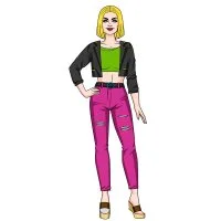 Цветной вариант раскраски бумажная кукла для вырезания жасмин и повседневная одежда: куртка, топ, джинсы