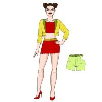 Цветной вариант раскраски бумажная кукла для вырезания вероника с набором одежды и туфлями