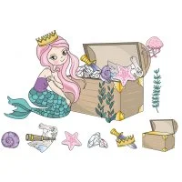 Цветной вариант раскраски русалка с сундуком сокровищей