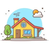 Цветной вариант раскраски домик с трубой и деревцем