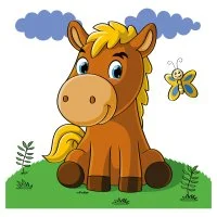 Цветной вариант раскраски лошадка смотрит на бабочку