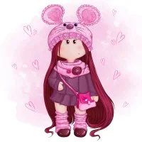 Цветной вариант раскраски текстильная кукла с длинными волосами