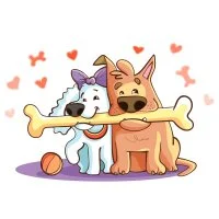 Цветной вариант раскраски мальчик и девочка собаки