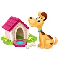 Цветной вариант раскраски милый щенок возле будки