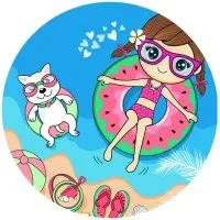 Цветной вариант раскраски девочка на круге пончике лето