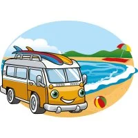 Цветной вариант раскраски фургон с глазками для путешествий. лето