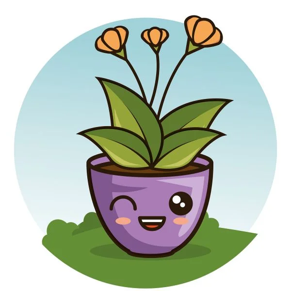 Цветной вариант раскраски цветок каваи в горшке с глазками