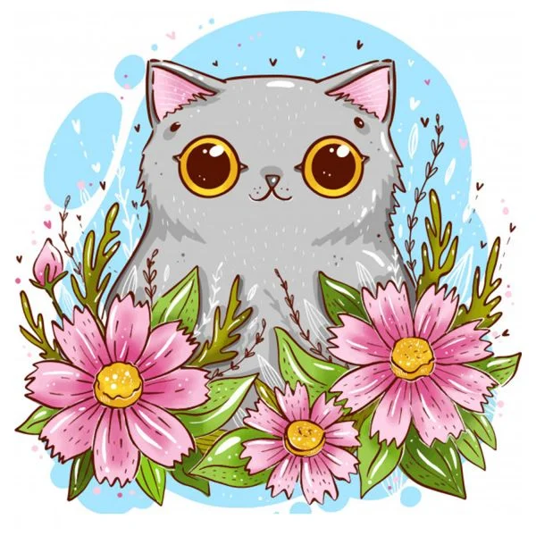 Цветной вариант раскраски кошечка в цветах