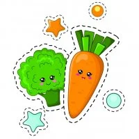 Цветной вариант раскраски кавай морковь и брокколи с глазками