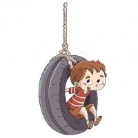 Цветной вариант раскраски мальчик катается на тарзанке. лето