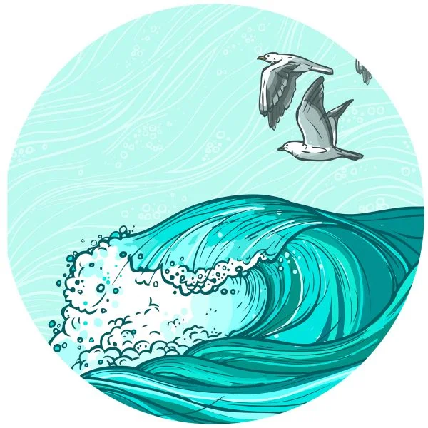 Цветной вариант раскраски волна, море, океан, чайки, птицы, лето