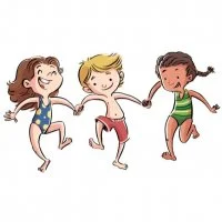 Цветной вариант раскраски дети в купальниках