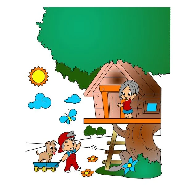 Цветной вариант раскраски домик на дереве. дети играют. лето