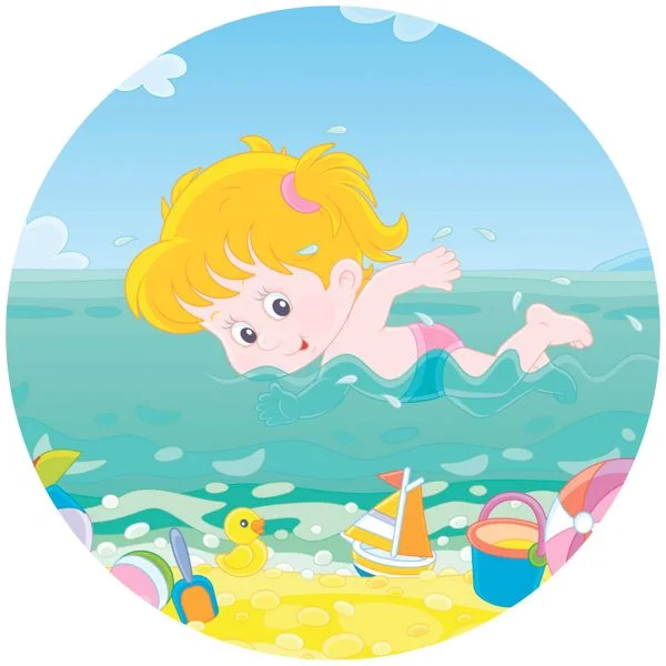 Цветной вариант раскраски девочка плавает в море лето