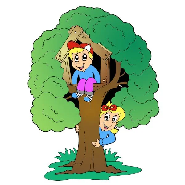 Цветной вариант раскраски дети играют в домик на дереве, лето