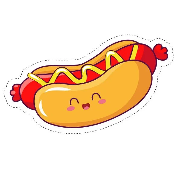 Цветной вариант раскраски хот-дог, булочка с сосиской. кавай с глазками