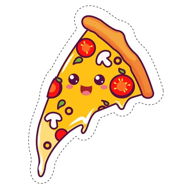 Цветной вариант раскраски пицца с грибами. кавай с глазками