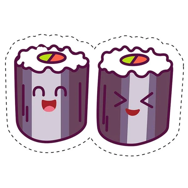 Цветной вариант раскраски роллы, суши. японская кухня. кавай с глазками