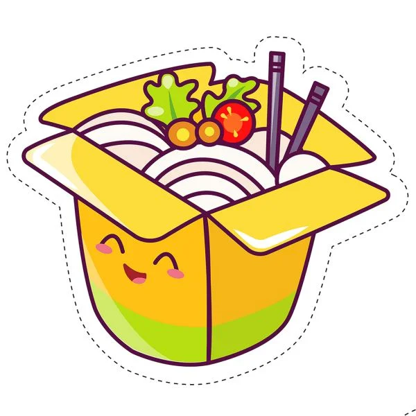 Цветной вариант раскраски вок японская лапша. кавай с глазками