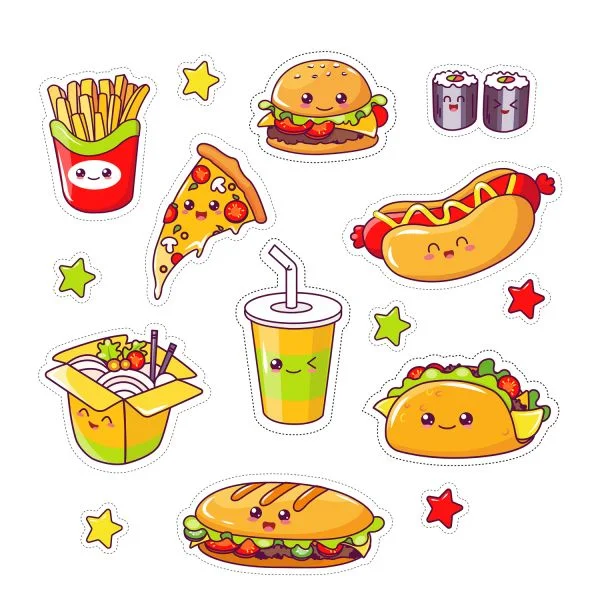 Цветной вариант раскраски много разных блюд. кавай с глазками