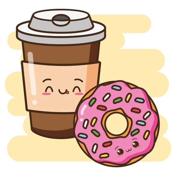 Цветной вариант раскраски напиток, капучино, кофе с пончиком