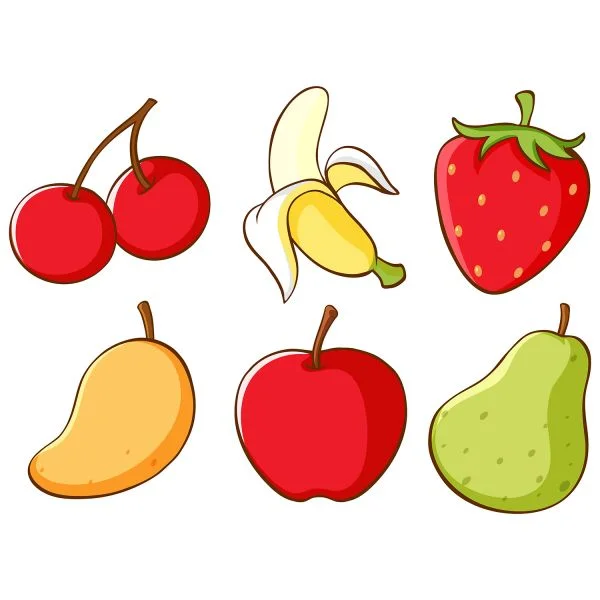 Цветной вариант раскраски банан, вишня, яблоко