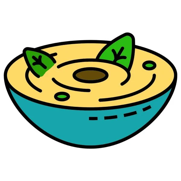 Цветной вариант раскраски горячее блюдо, суп с зеленью и овощами