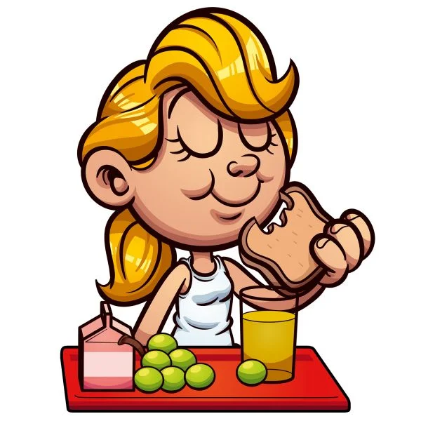 Цветной вариант раскраски девочка ест фрукты, виноград и бутерброд