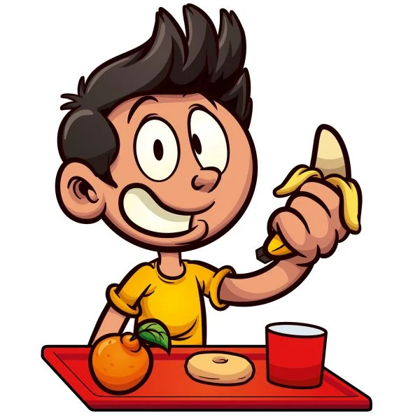 Цветной вариант раскраски мальчик в школе ест фрукты банан, апельсин и пончик