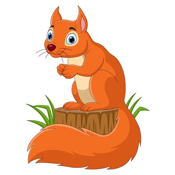 Цветной вариант раскраски белочка на пеньке в лесу