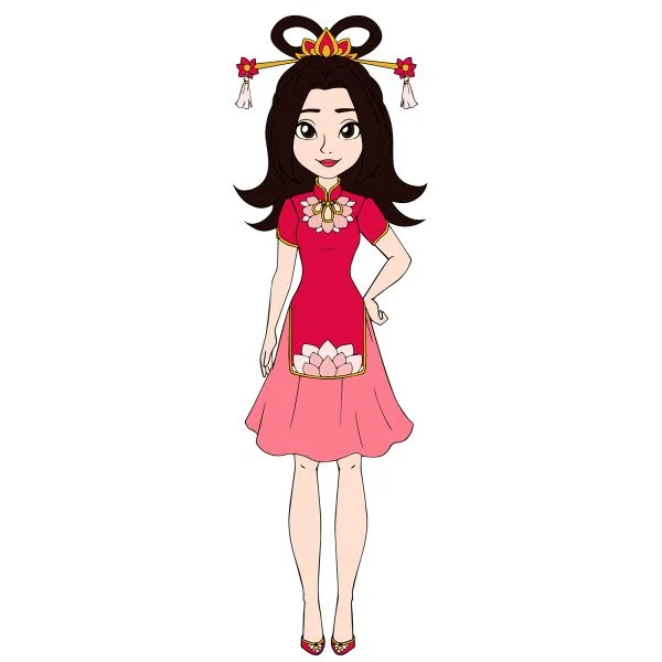 Цветной вариант раскраски девушка в национальном платье