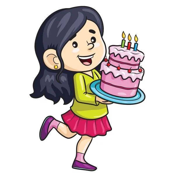 Цветной вариант раскраски девочка с тортом